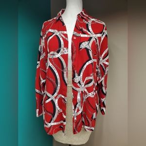 Chico's Women's collared button up blouse size 2/L Red, black and white pattern